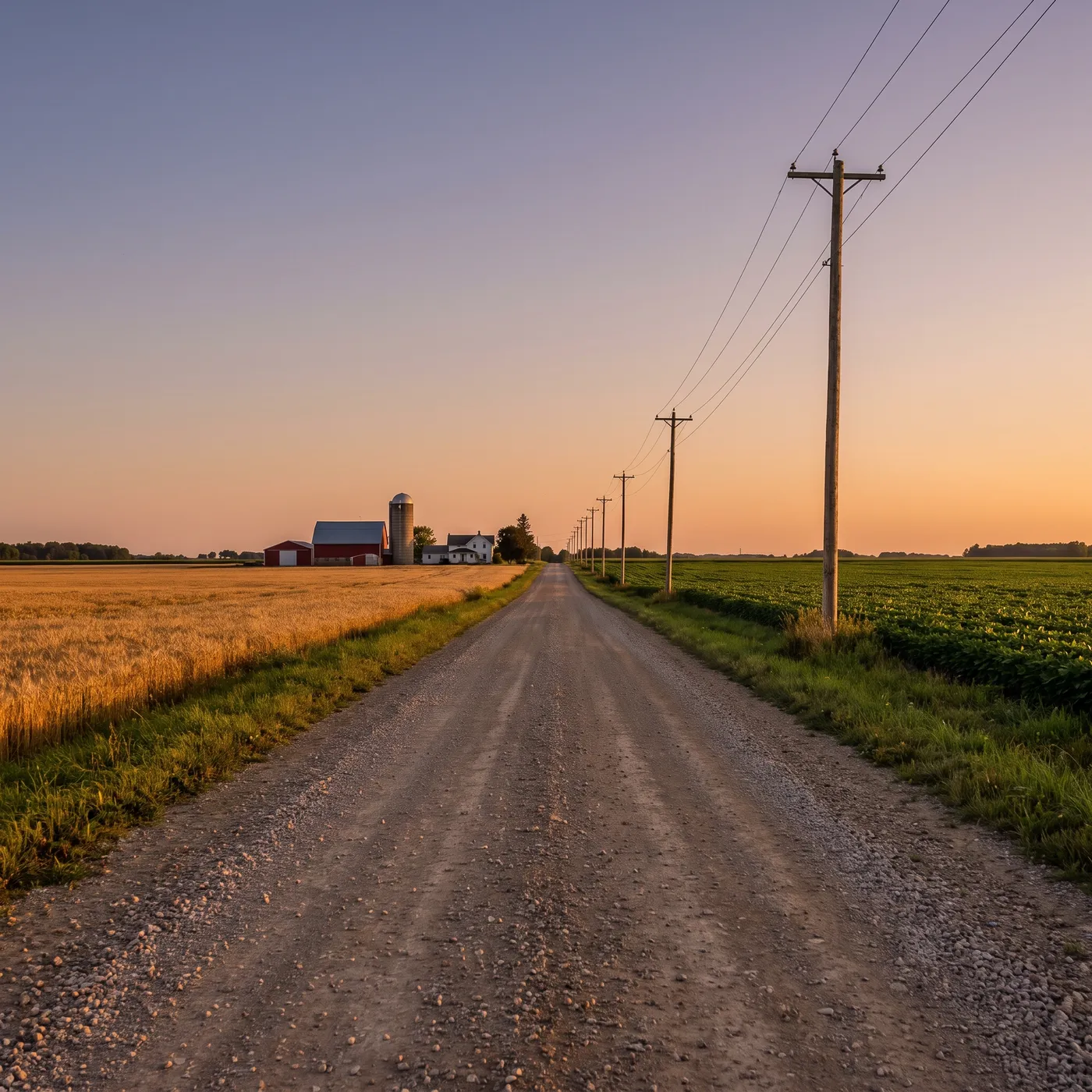 Generated scene: a straight gravel concession road between a golden wheat field and a green soybean field, hydro poles and a distant farmstead.