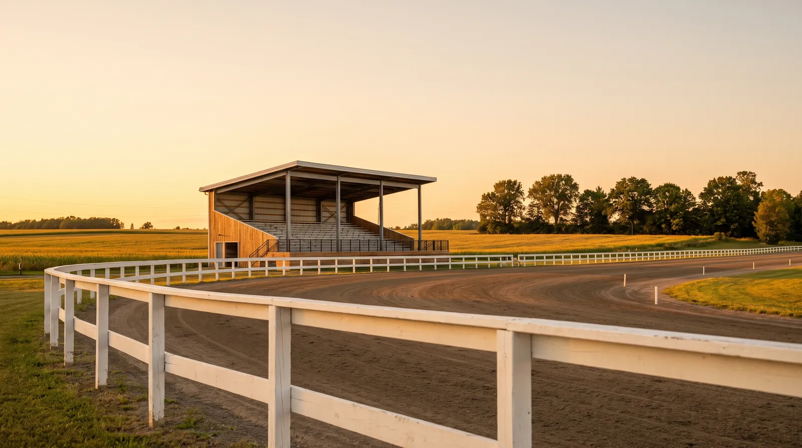 Generated scene: an empty harness racing oval at golden hour, a white rail curving past a small covered grandstand with fields beyond.